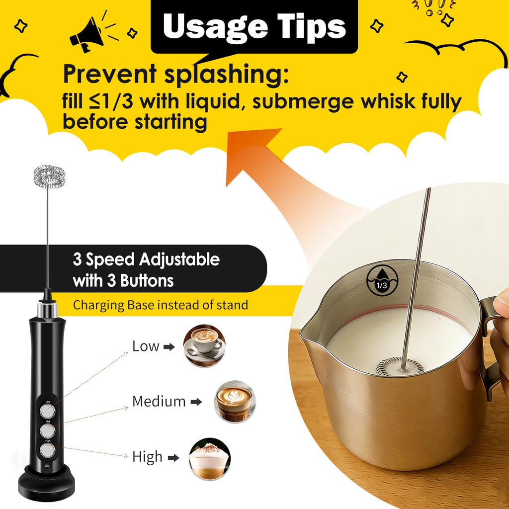 Rechargeable Handheld Milk Frother with 3 Stainless Steel Whisks S935494