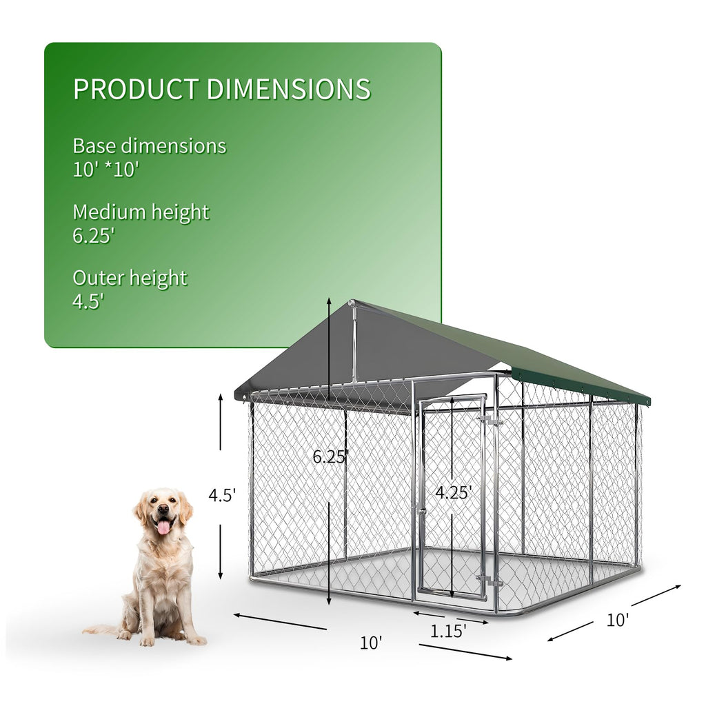 Large Outdoor Dog Kennel with Roof, Heavy Duty Galvanized Steel, 10'x10' Lockable D8252