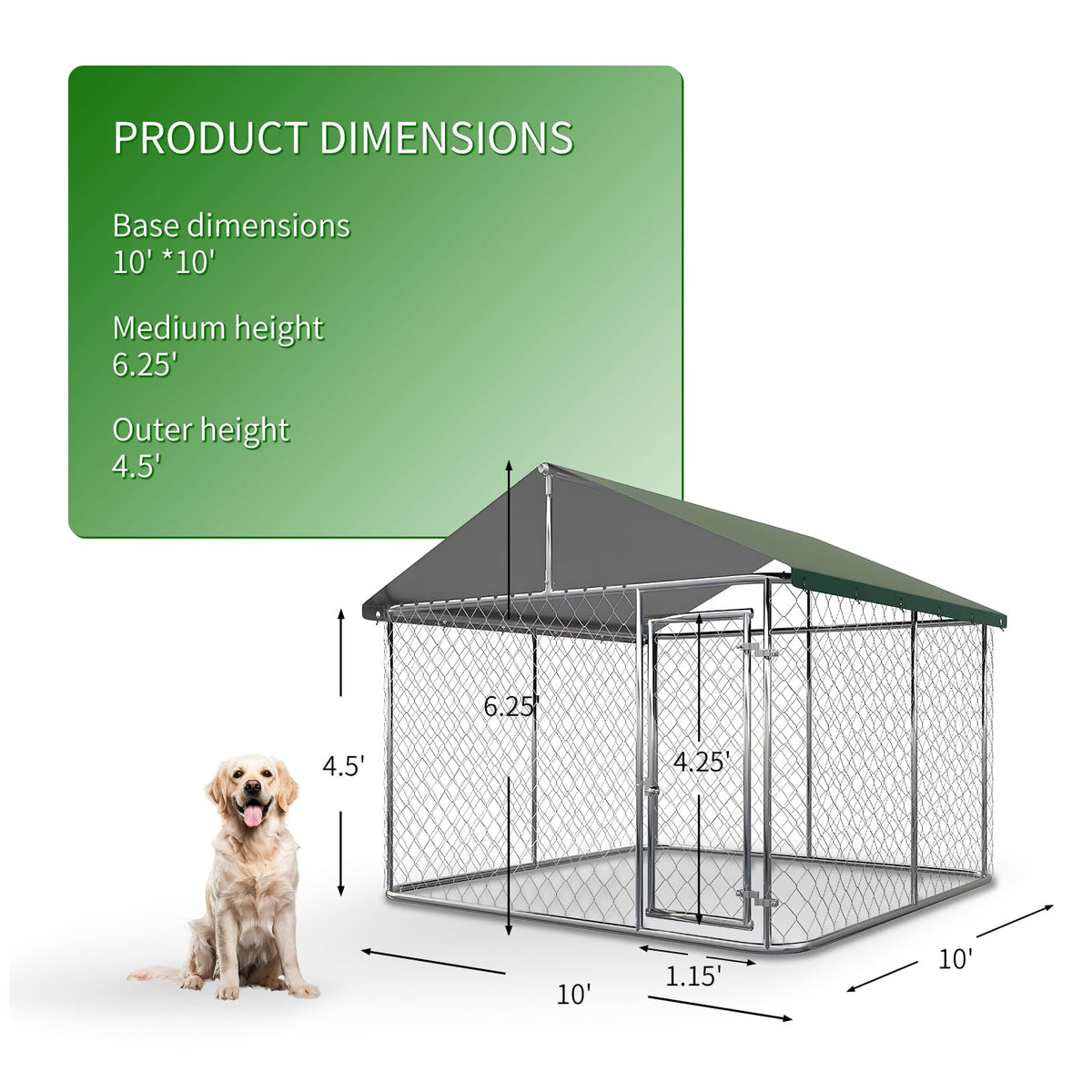 Large Outdoor Dog Kennel with Roof, Heavy Duty Galvanized Steel, 10'x10' Lockable D8252