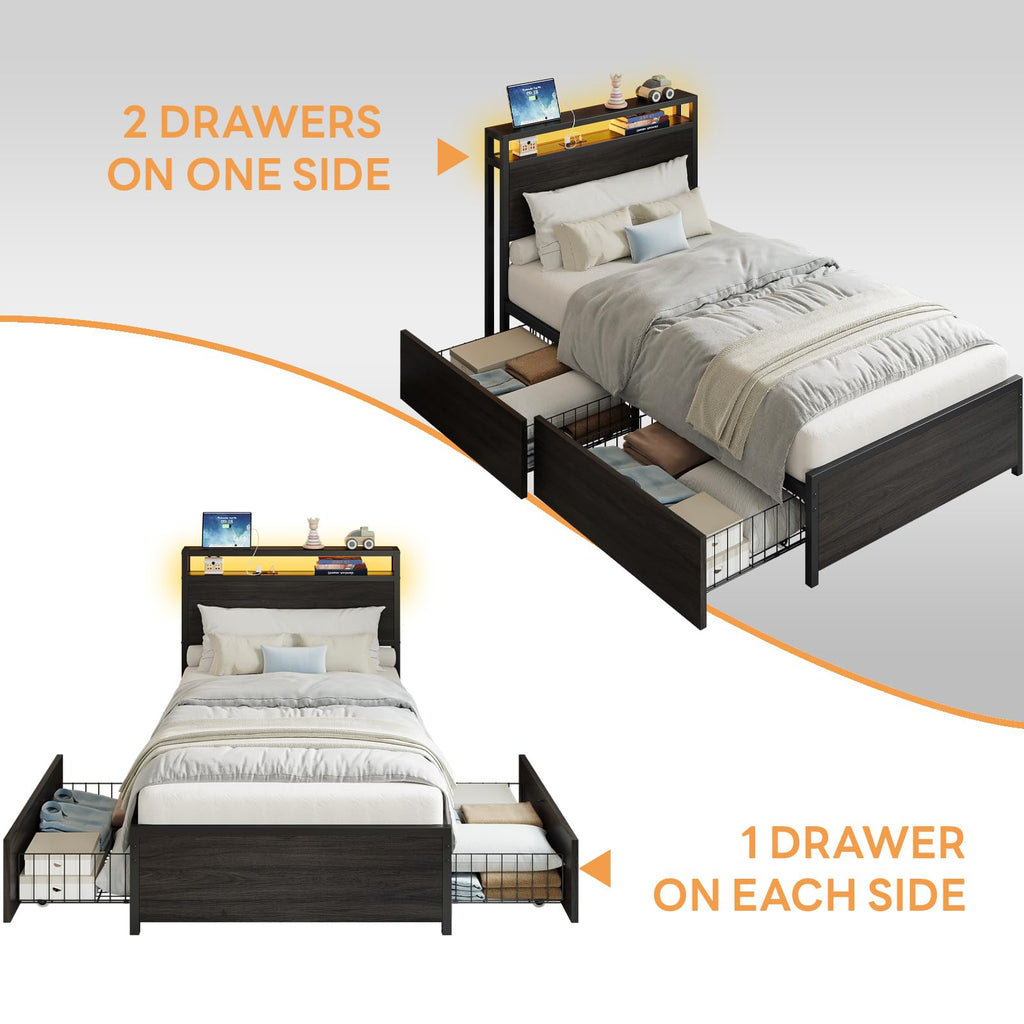 Twin Bed Frame with Storage Drawers and LED Light W61765