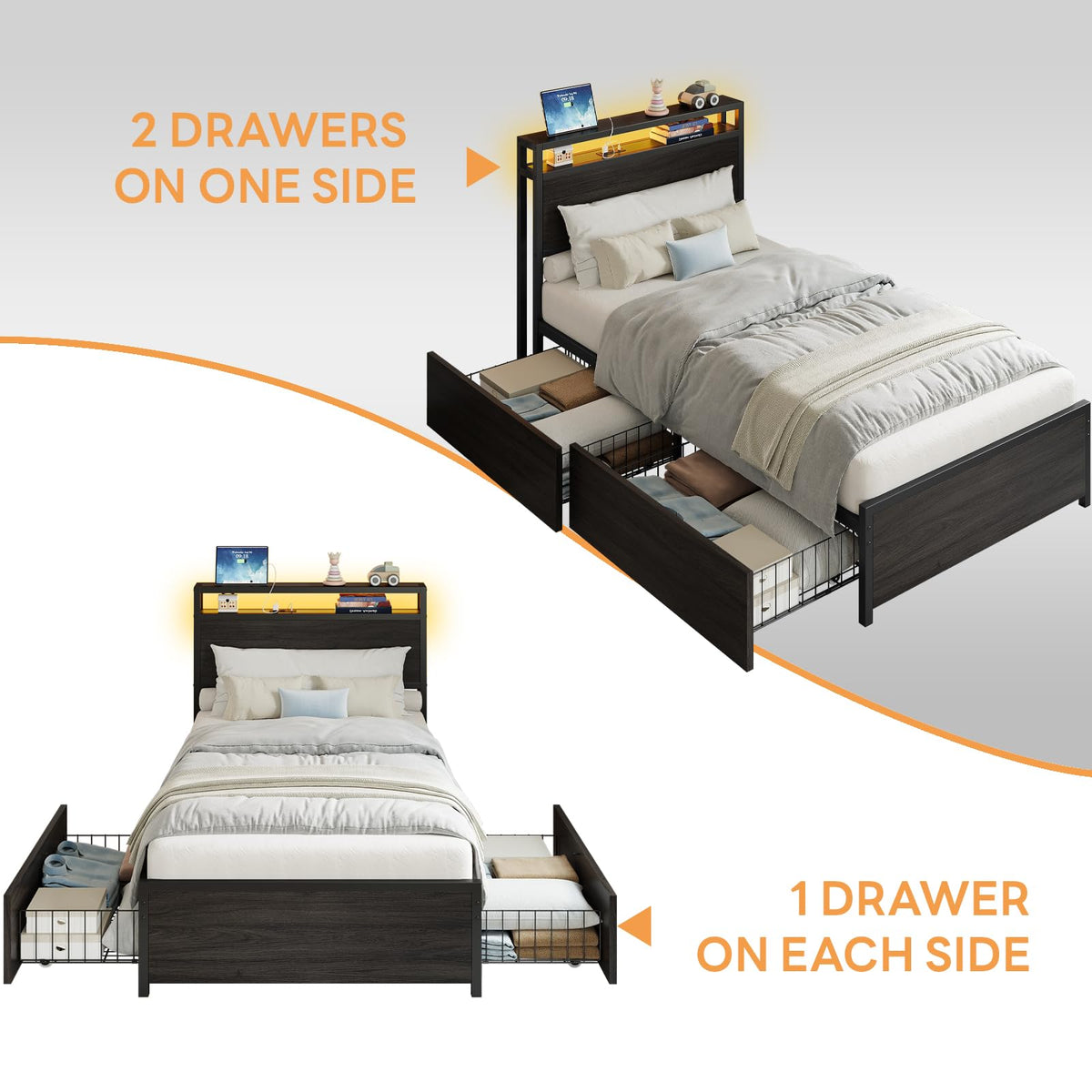 Twin Bed Frame with Storage Drawers and LED Light W61765