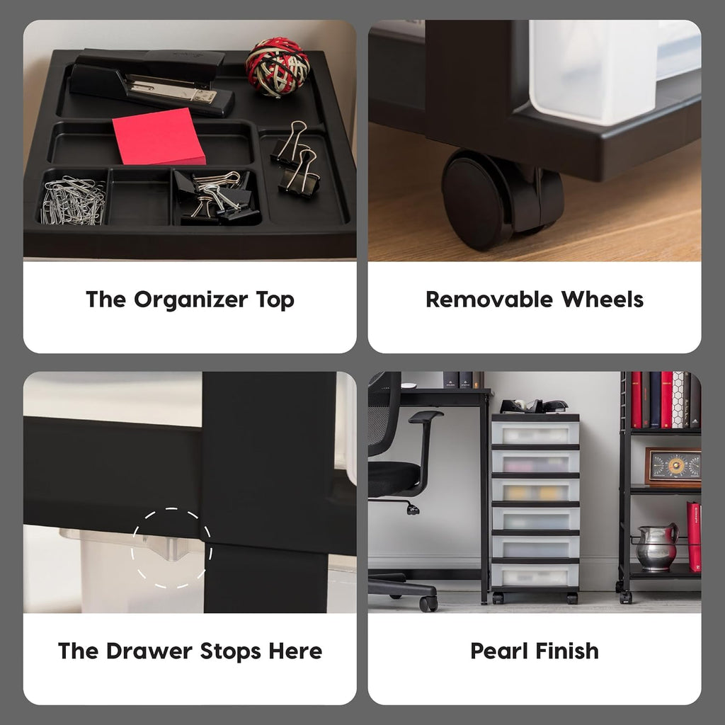 6 Drawer Rolling Storage Cart with Organizer Top, Black W75225