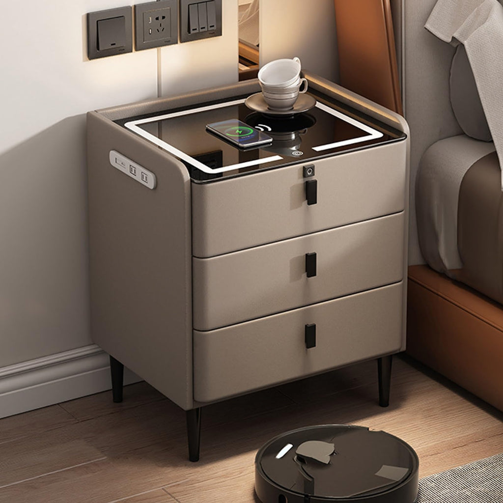 Khaki Nightstand with Wireless Charging Station and 3 Drawers D42527