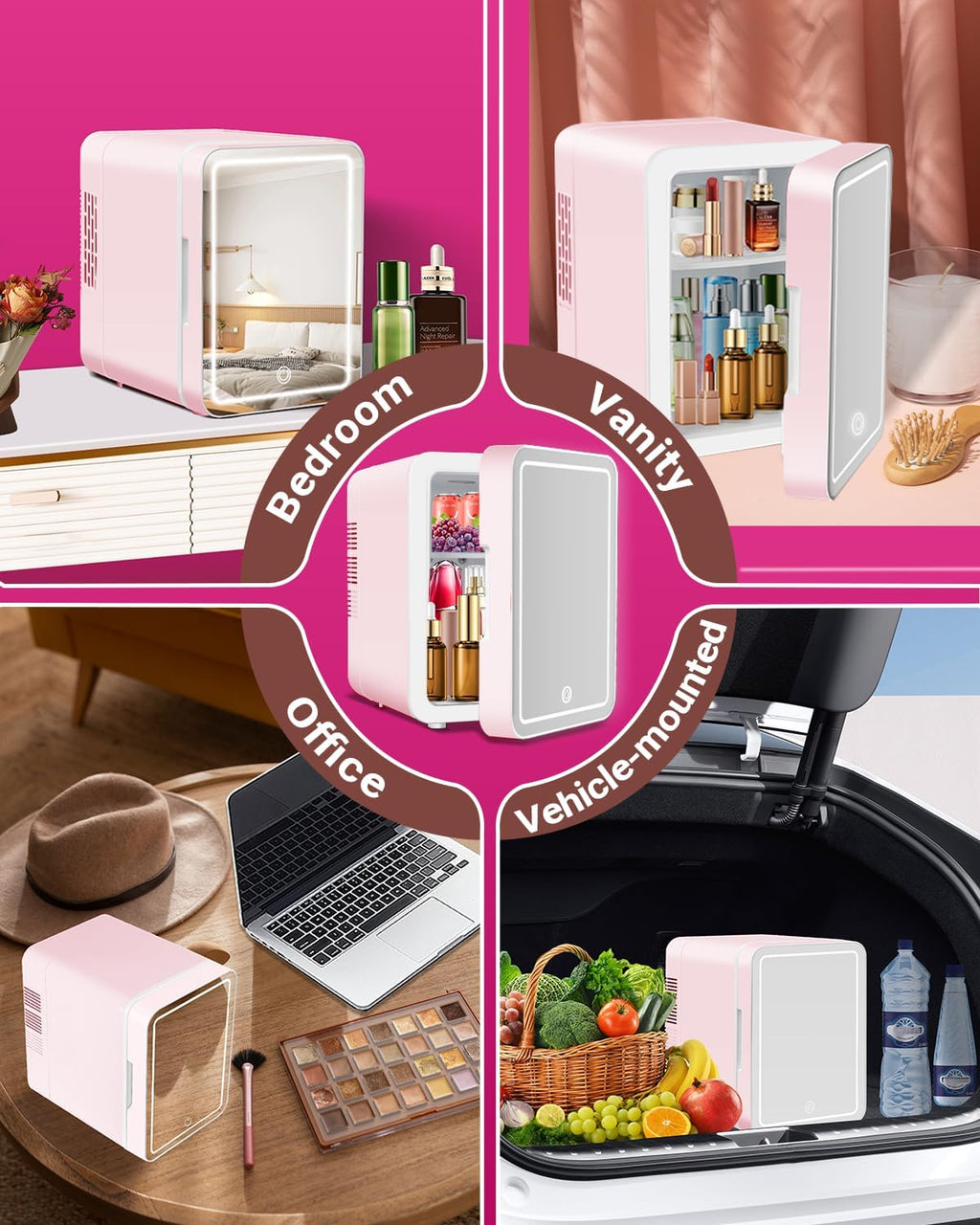 4-Liter Pink Portable Mini Fridge with Mirrored Door P892
