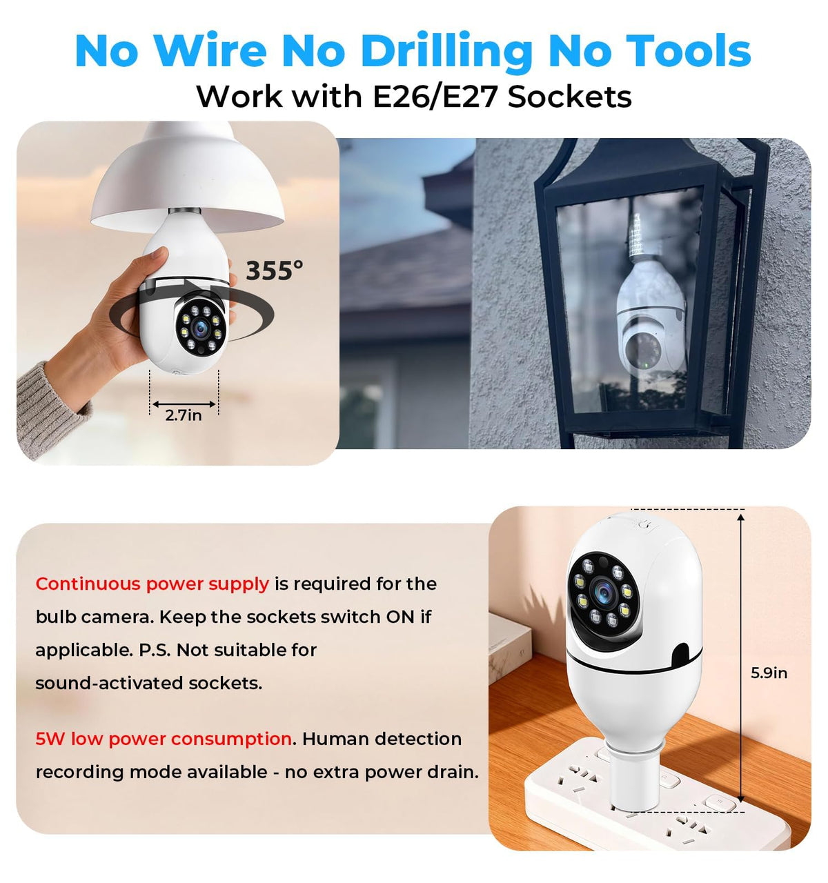 2K 5GHz & 2.4GHz WiFi Light Bulb Security Camera 360° PTZ O82705