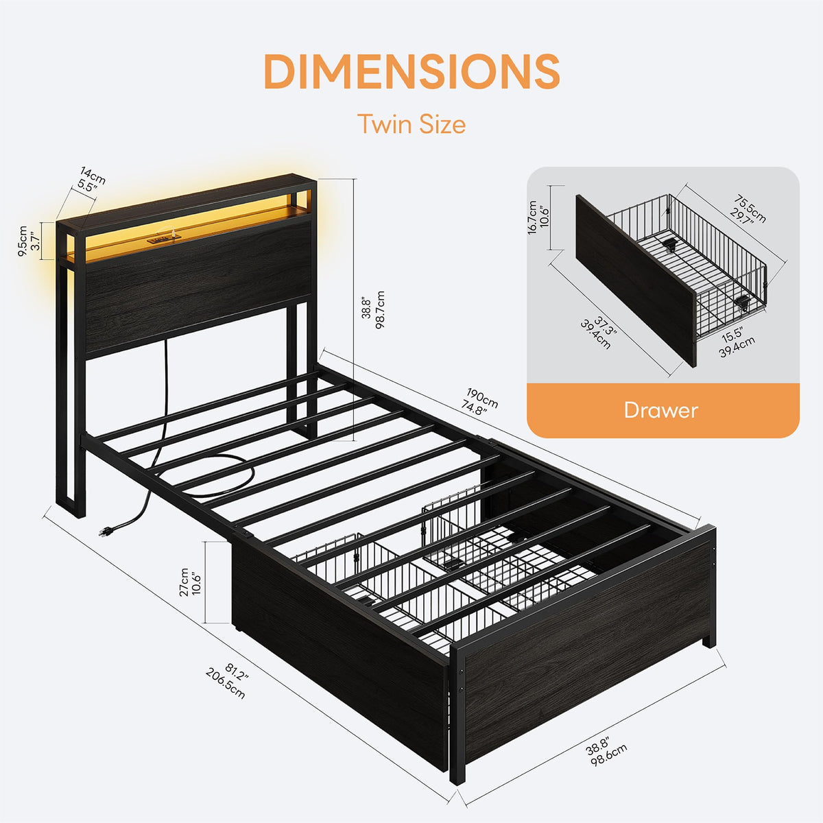 Twin Bed Frame with Storage Drawers and LED Light W61765