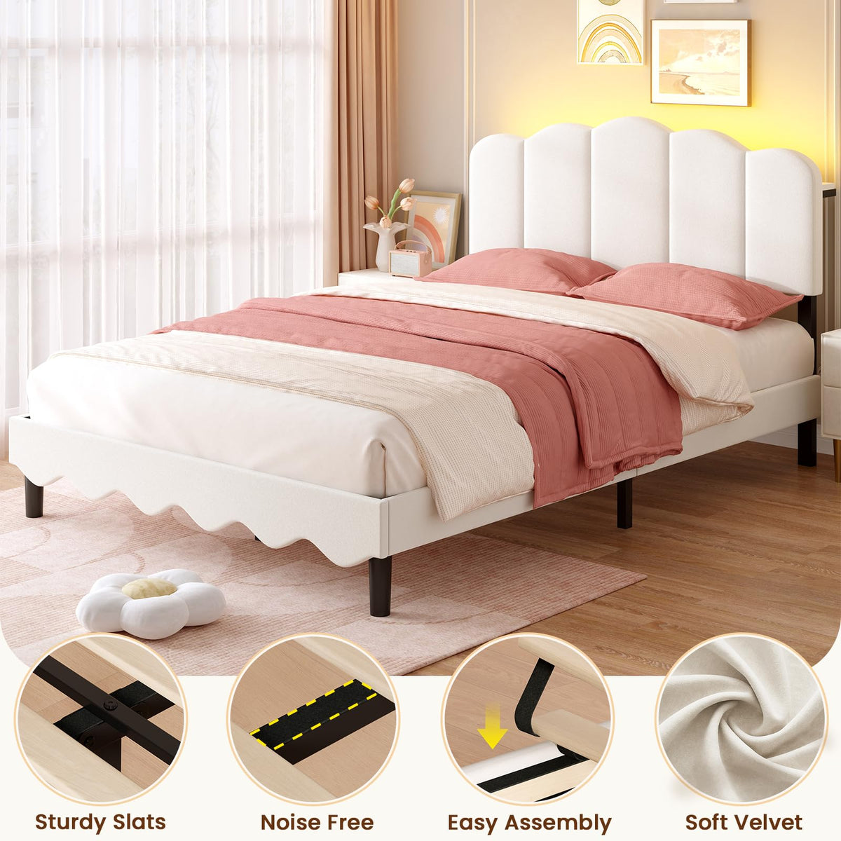 Beige Full Size Bed Frame with Storage Headboard K138