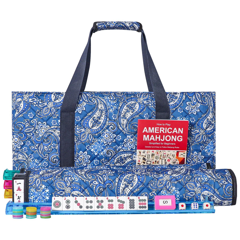 American Mahjong Game Set, 166 White Tiles, 4 Color Rack/Pushers, Blue Carrying Bag D719