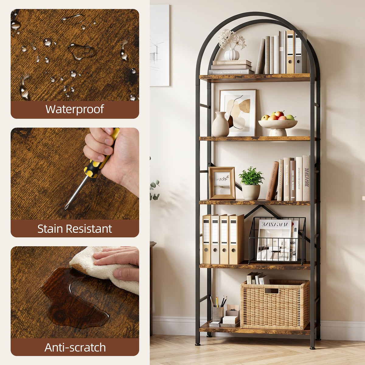 5 Tier Rustic Brown Bookshelf with Metal Frame U5667