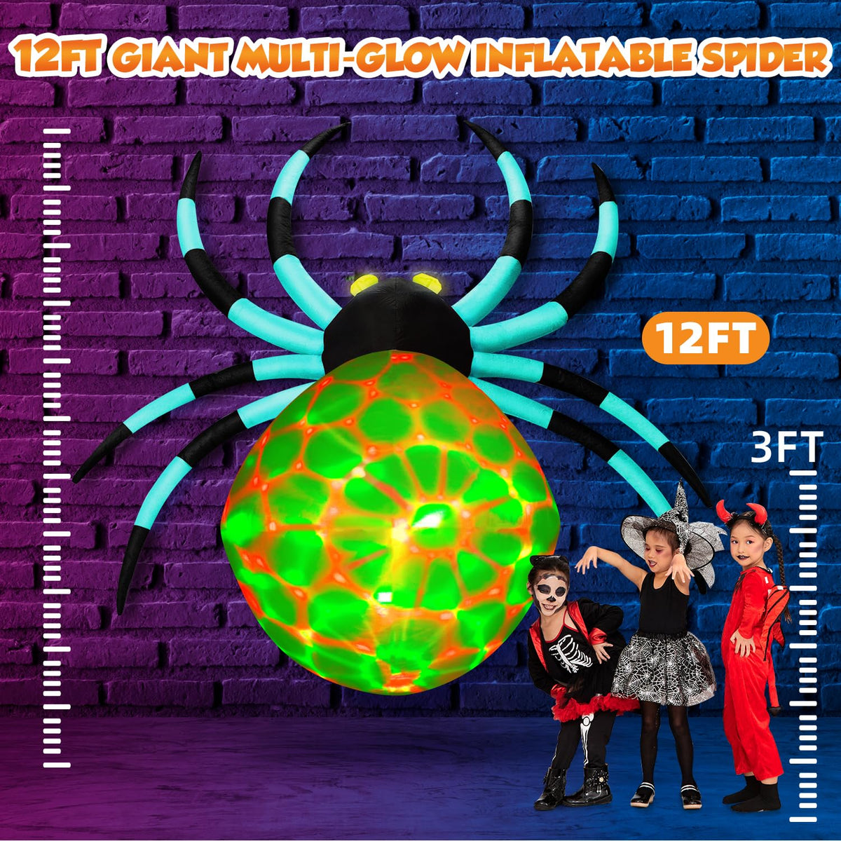12Ft Halloween Inflatable Spider with 7-Color-Shifting Eyes G371