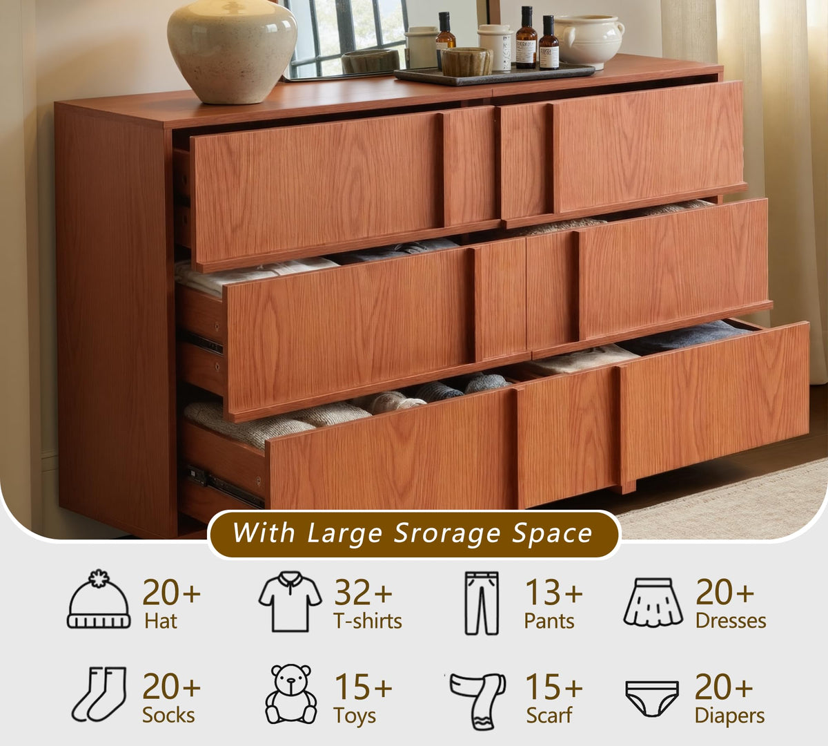 47" Wide 6 Drawer Dresser and Nightstand Set 3 Piece, Cherry P592954
