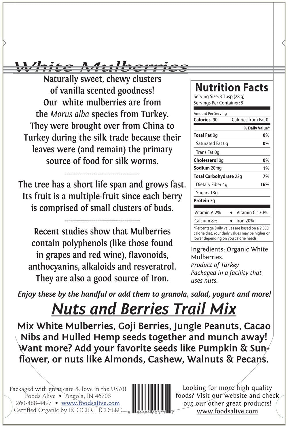 Organic White Mulberries Dried 8 oz F955278