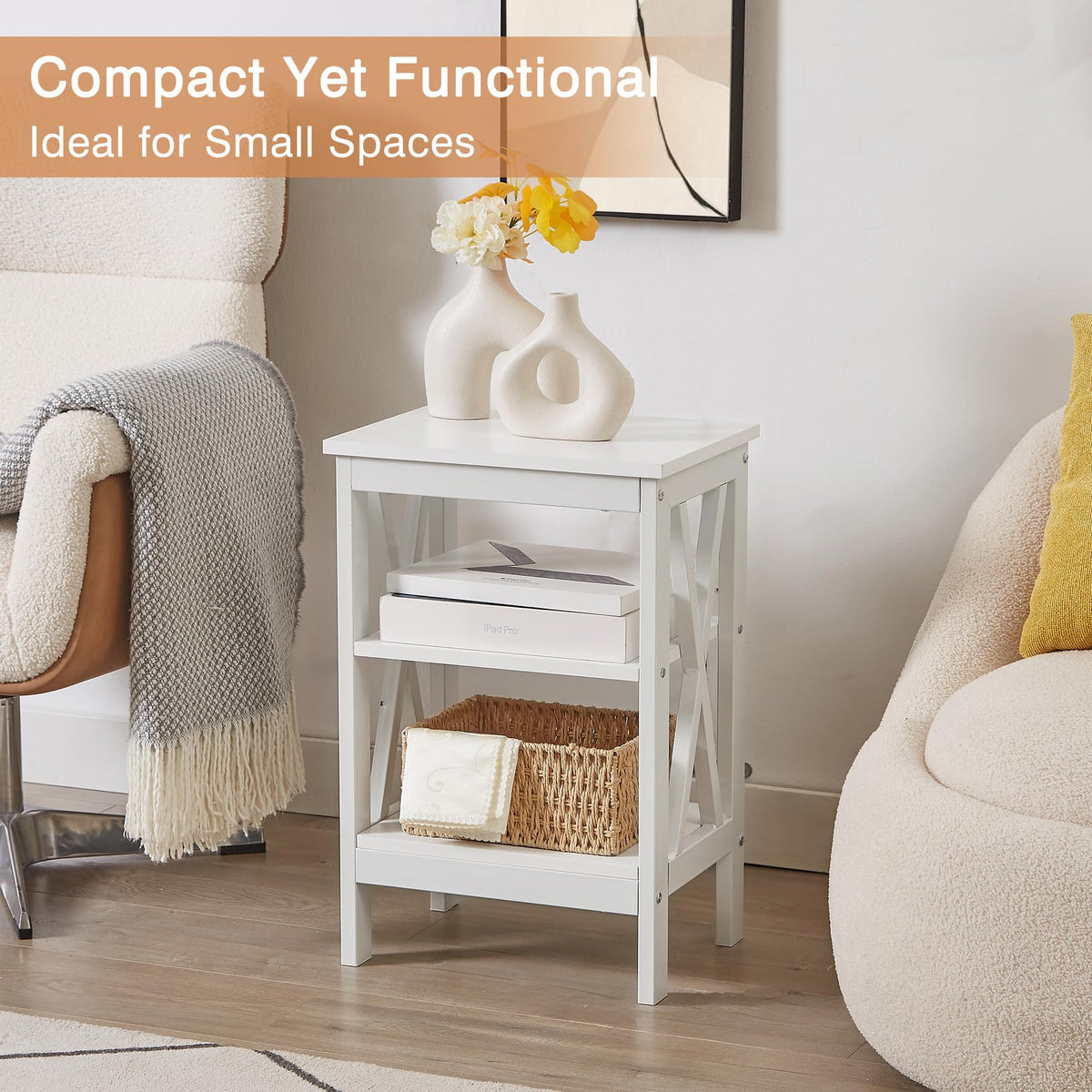 24" Tall 3-Tier Pearl White End Table J408
