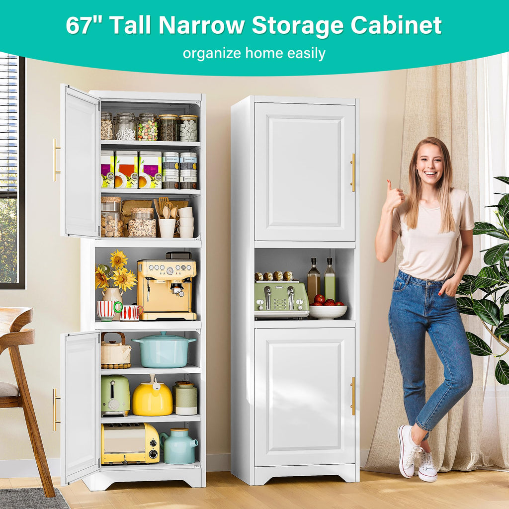 67" Tall Narrow White Metal Bathroom Storage Cabinet J31223