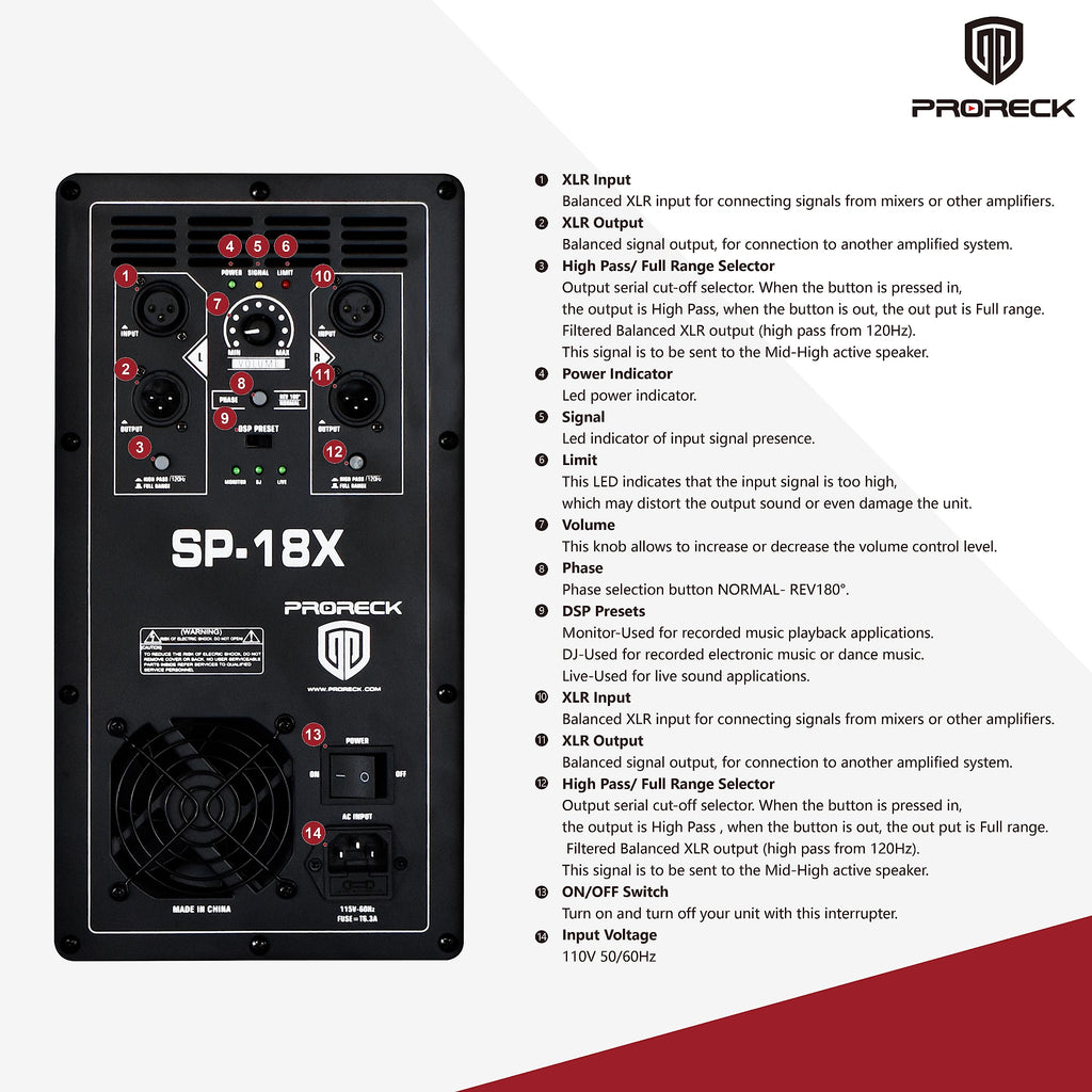 18 inch 3000W Powered PA DJ Subwoofer with Class-D Amplifier, Black R7996