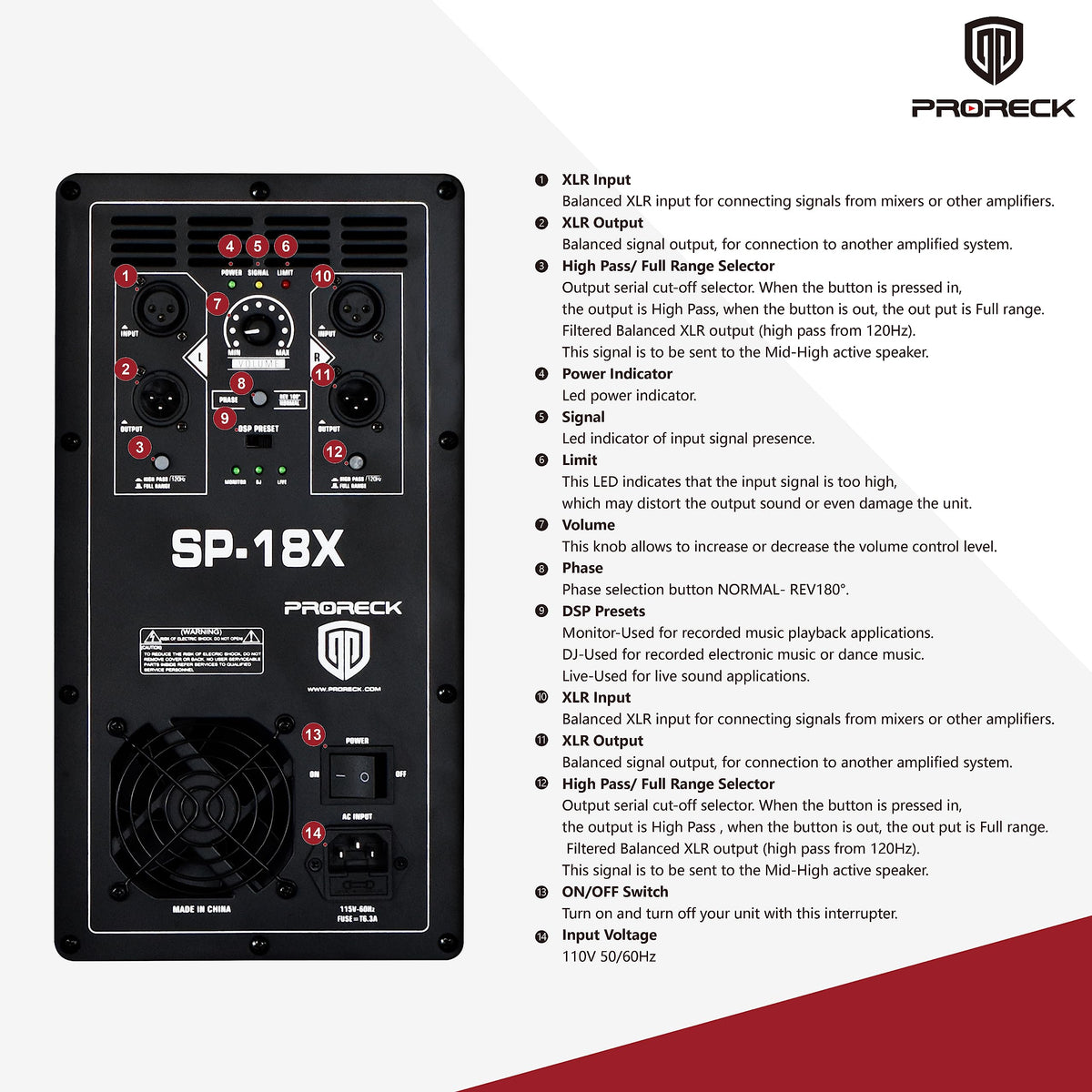 18 inch 3000W Powered PA DJ Subwoofer with Class-D Amplifier, Black R7996