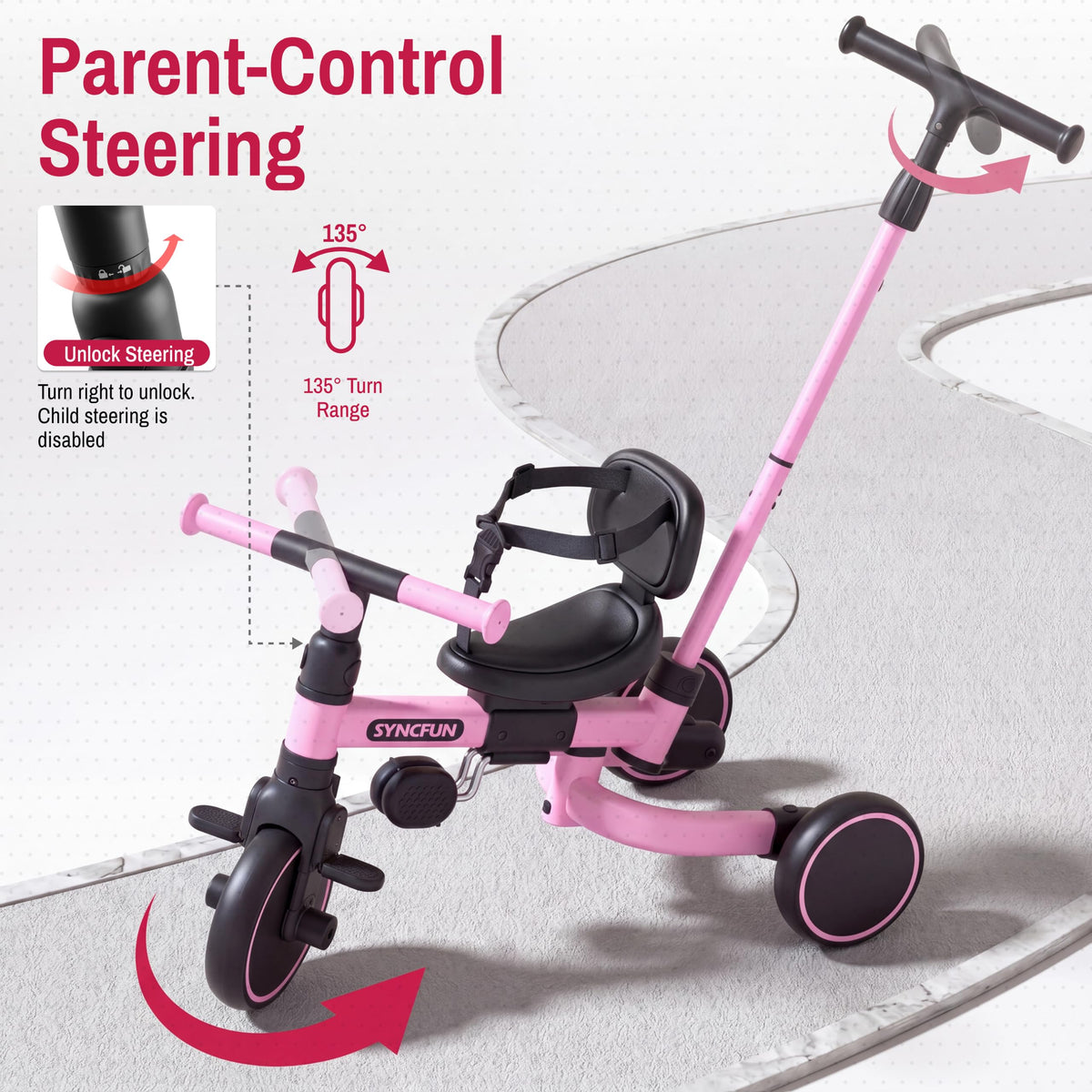 5-in-1 Kids Tricycle with Push Handle, Pink X751927
