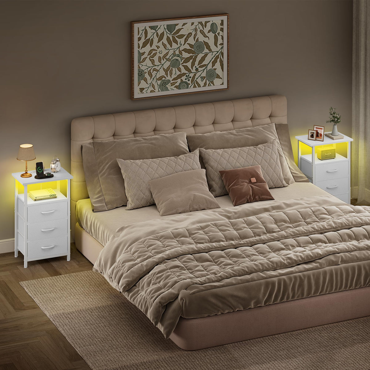 White Nightstand with Charging Station and 3 Fabric Drawers K9726