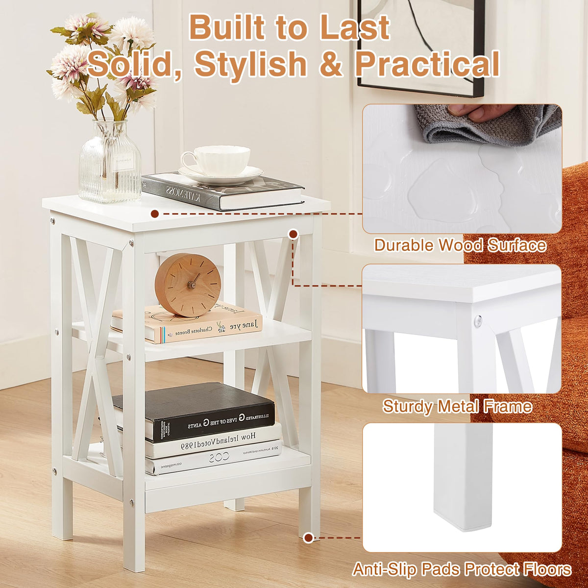 24" Tall 3-Tier Pearl White End Table J408