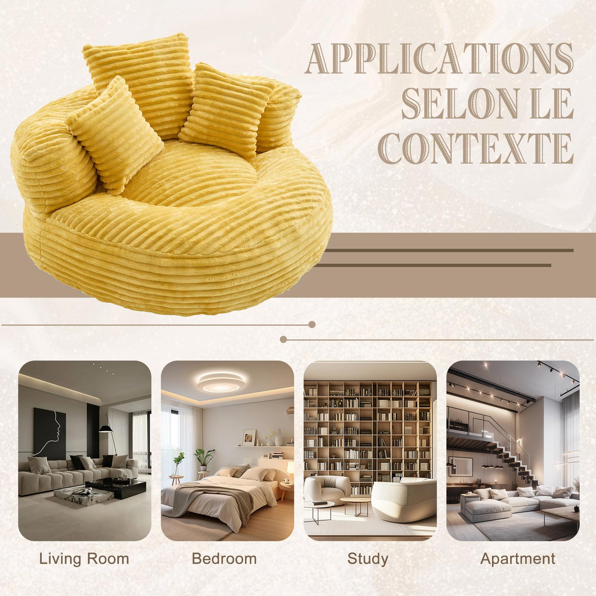 Oversized Memory Foam Bean Bag Chair with Pillows and Backrest, Mustard Yellow E44210