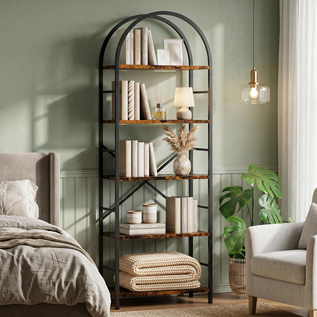 5 Tier Rustic Brown Bookshelf with Metal Frame U5667