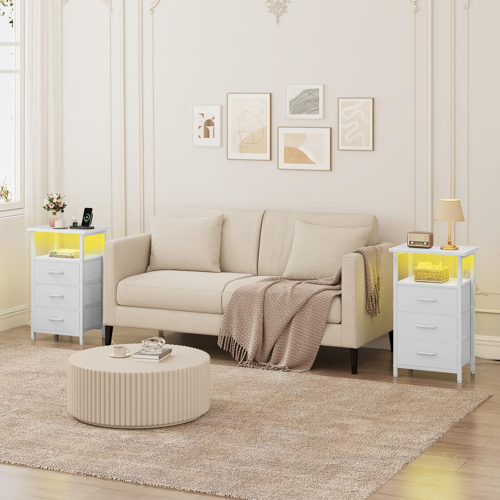 White Nightstand with Charging Station and 3 Fabric Drawers K9726