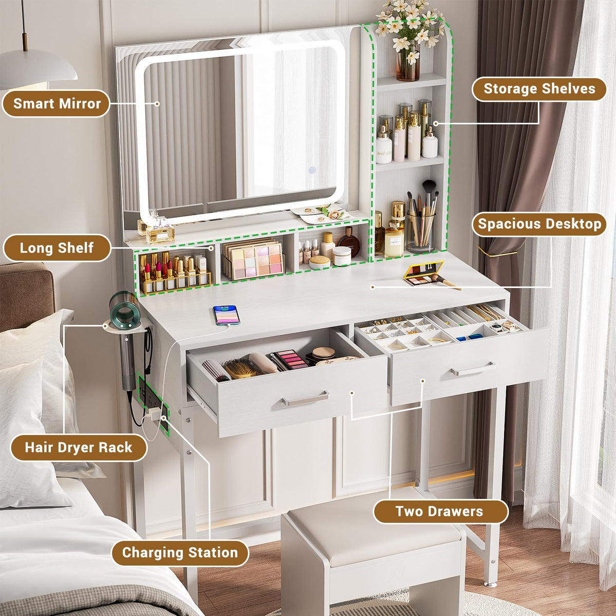 White Vanity Desk with Mirror and Drawers Q4184