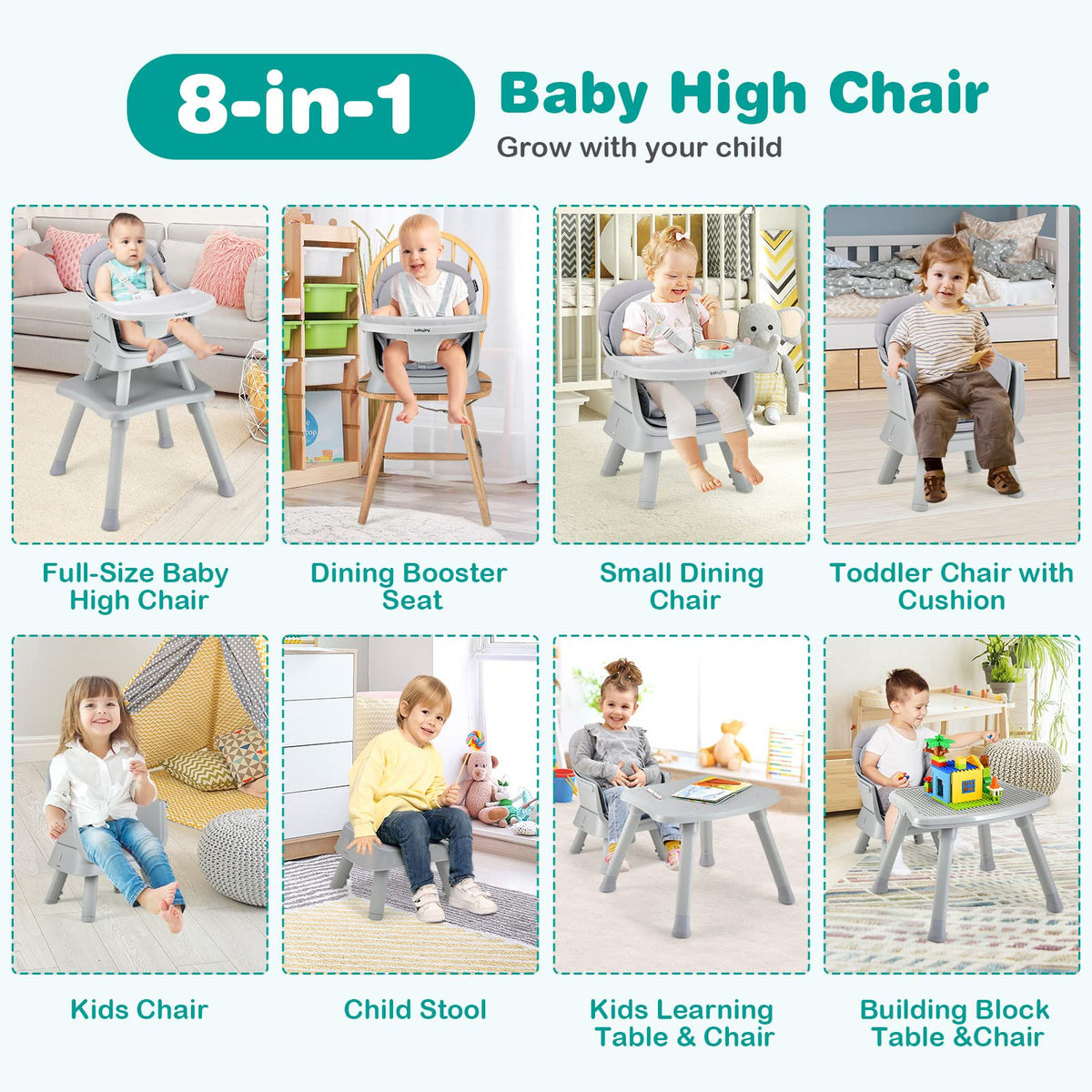 8 in 1 Convertible High Chair with Removable Tray Y49457