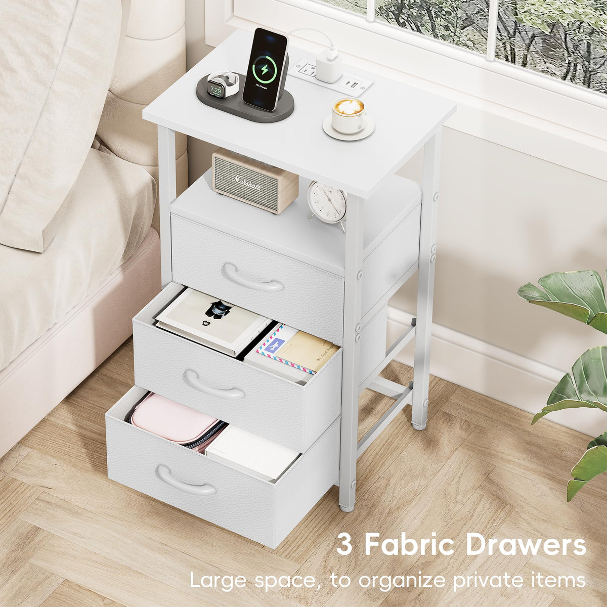 White Nightstand with Charging Station and 3 Fabric Drawers K9726