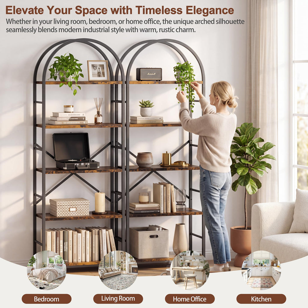 5 Tier Rustic Brown Bookshelf with Metal Frame U5667