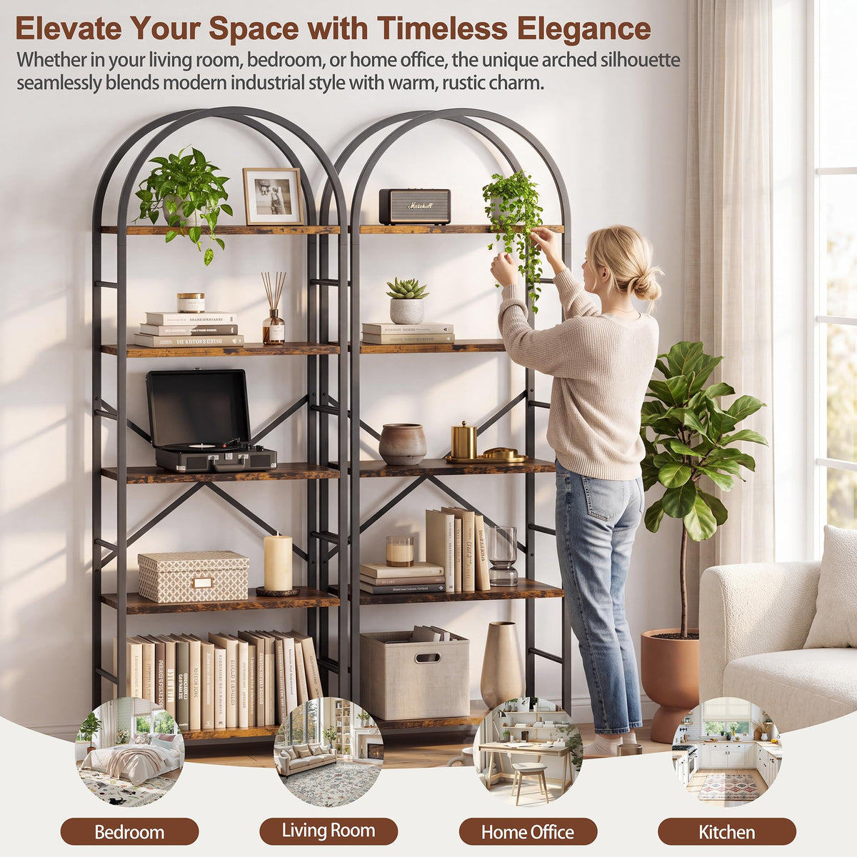 5 Tier Rustic Brown Bookshelf with Metal Frame U5667