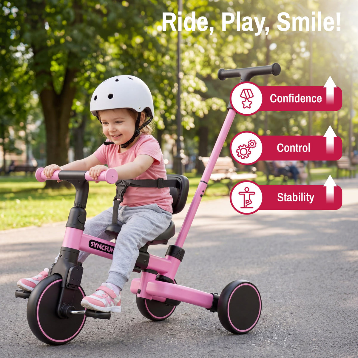 5-in-1 Kids Tricycle with Push Handle, Pink X751927