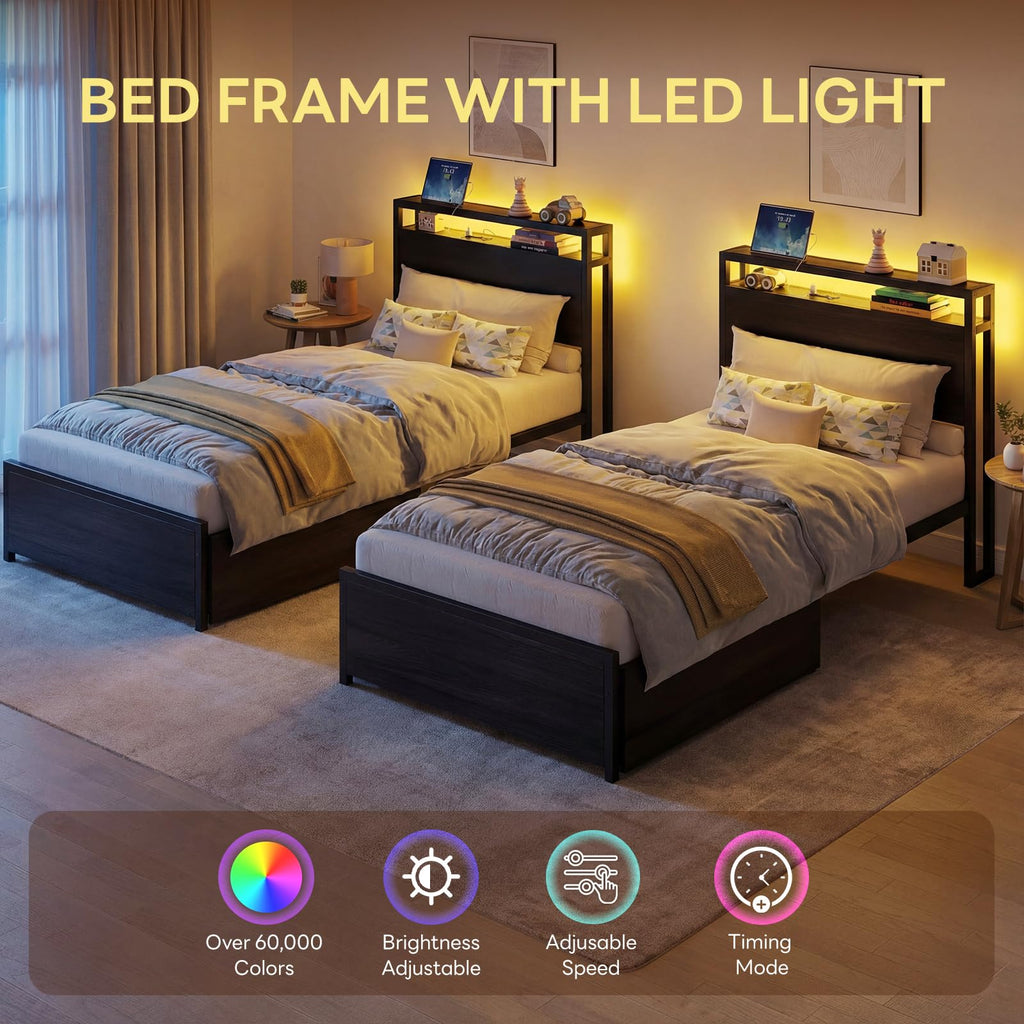 Twin Bed Frame with Storage Drawers and LED Light W61765
