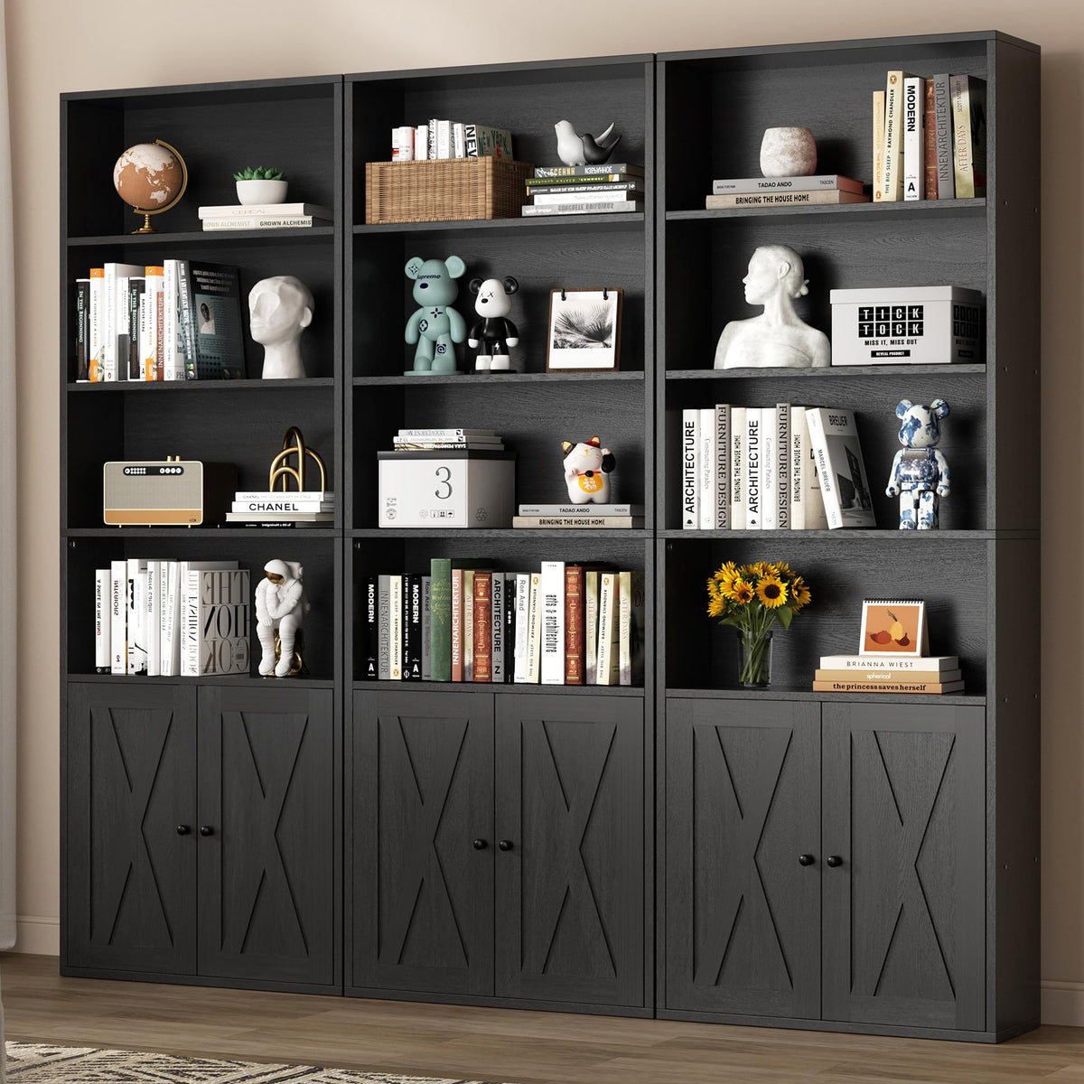 Black 6 Shelf Bookshelf with Doors T385