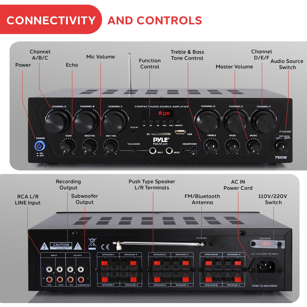 6 Channel 750 Watt Bluetooth Wireless Home Amplifier L11918