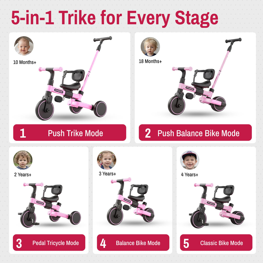5-in-1 Kids Tricycle with Push Handle, Pink X751927