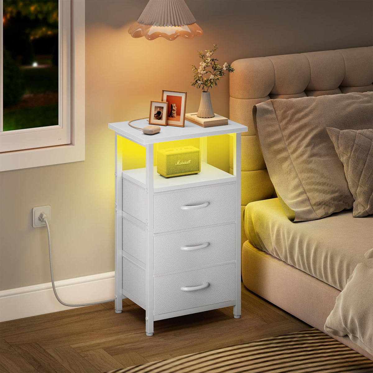 White Nightstand with Charging Station and 3 Fabric Drawers K9726
