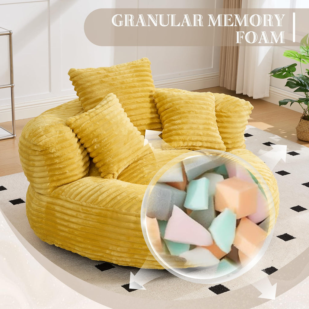 Oversized Memory Foam Bean Bag Chair with Pillows and Backrest, Mustard Yellow E44210