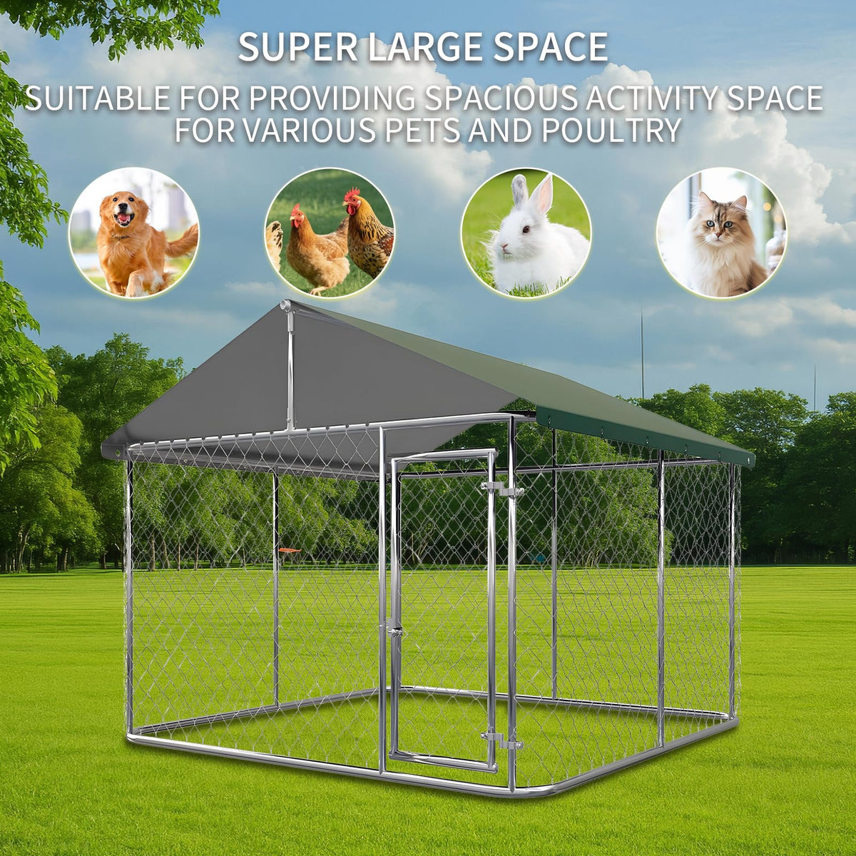 Large Outdoor Dog Kennel with Roof, Heavy Duty Galvanized Steel, 10'x10' Lockable D8252