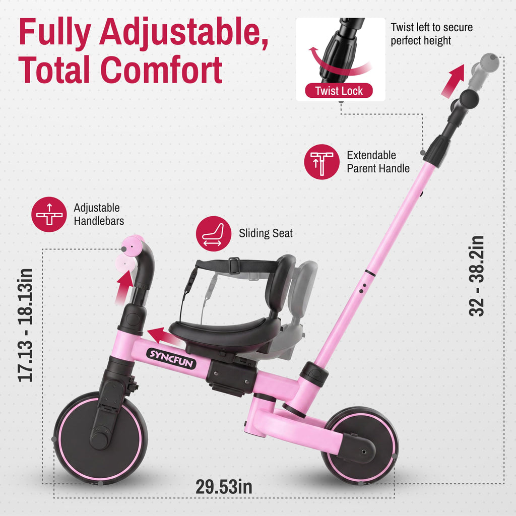 5-in-1 Kids Tricycle with Push Handle, Pink X751927