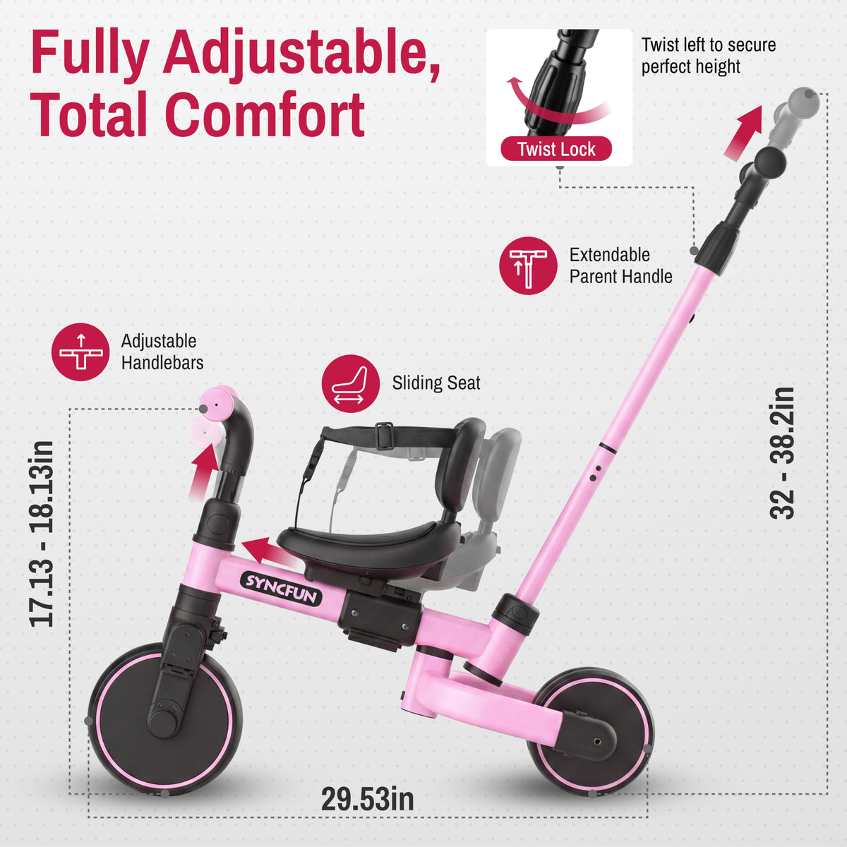 5-in-1 Kids Tricycle with Push Handle, Pink X751927