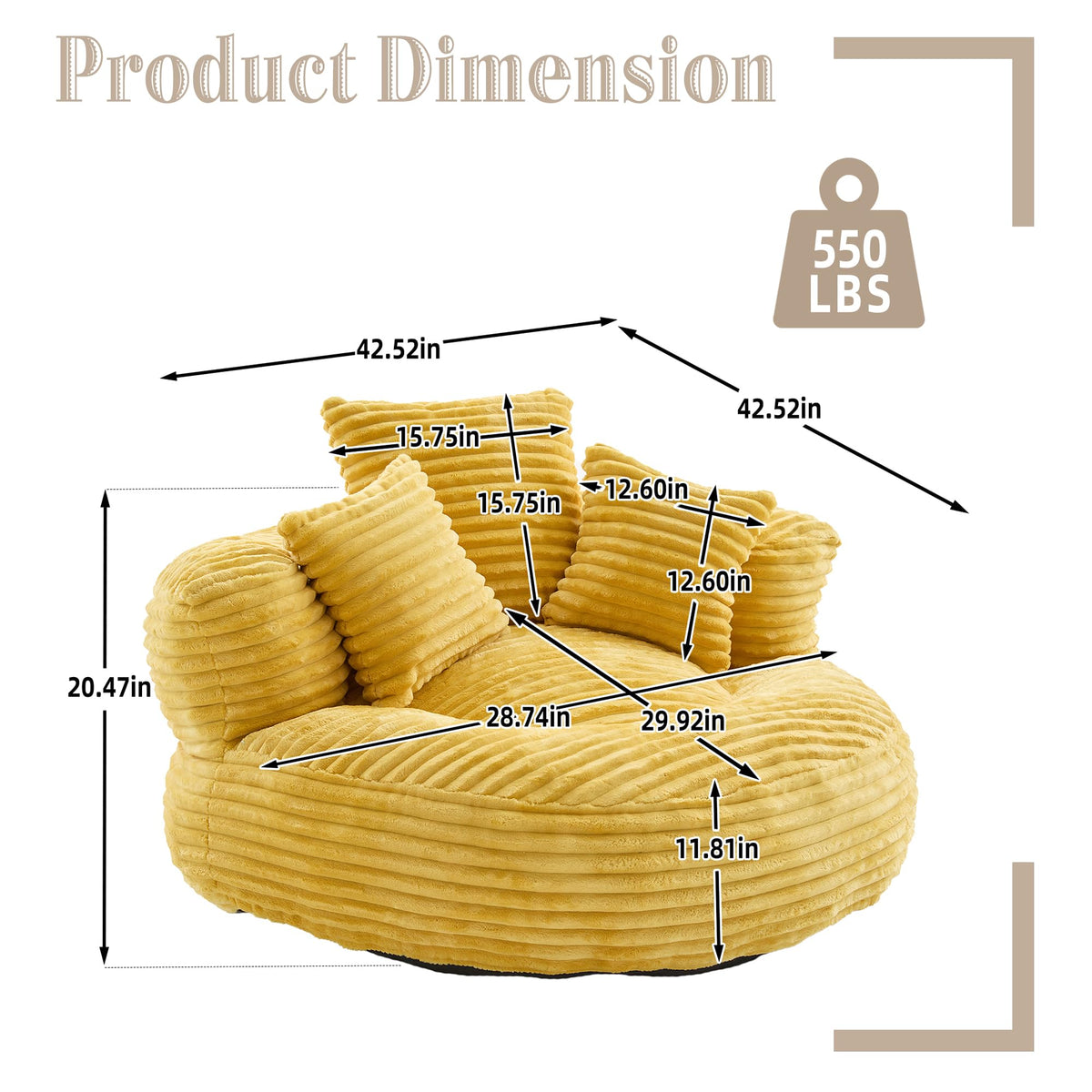 Oversized Memory Foam Bean Bag Chair with Pillows and Backrest, Mustard Yellow E44210