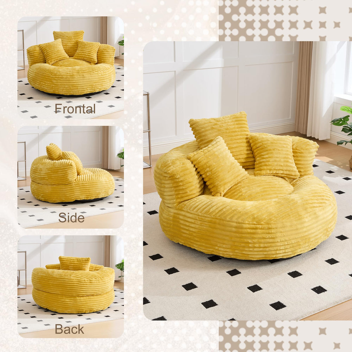 Oversized Memory Foam Bean Bag Chair with Pillows and Backrest, Mustard Yellow E44210