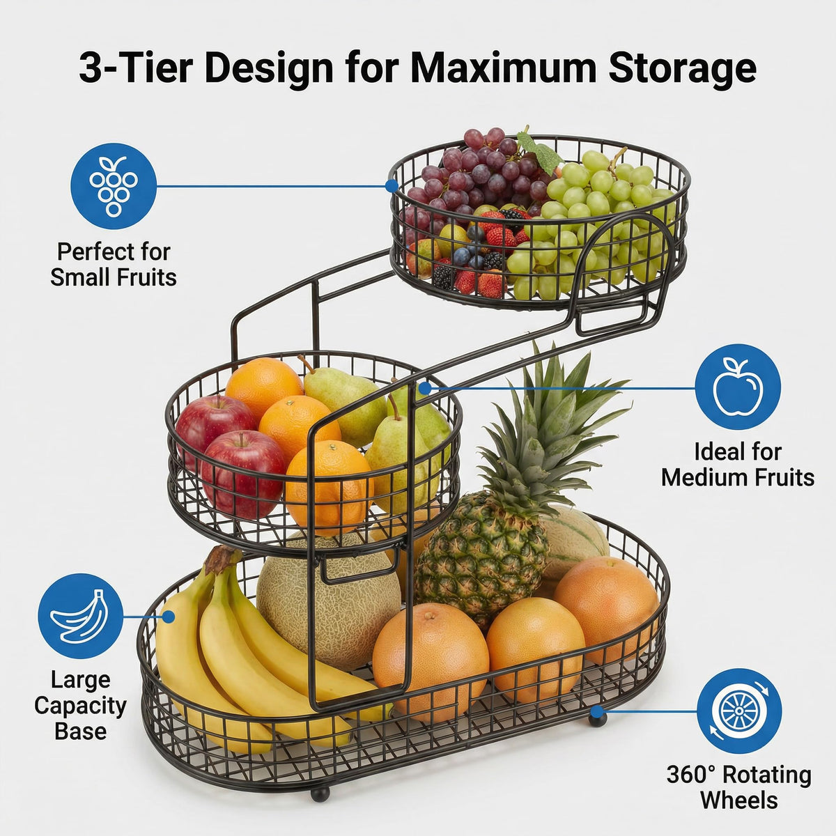 3-Tier Metal Fruit Basket Vegetable Storage Basket M738