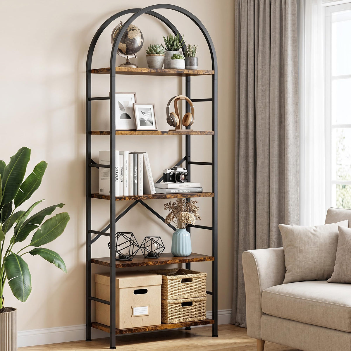 5 Tier Rustic Brown Bookshelf with Metal Frame U5667