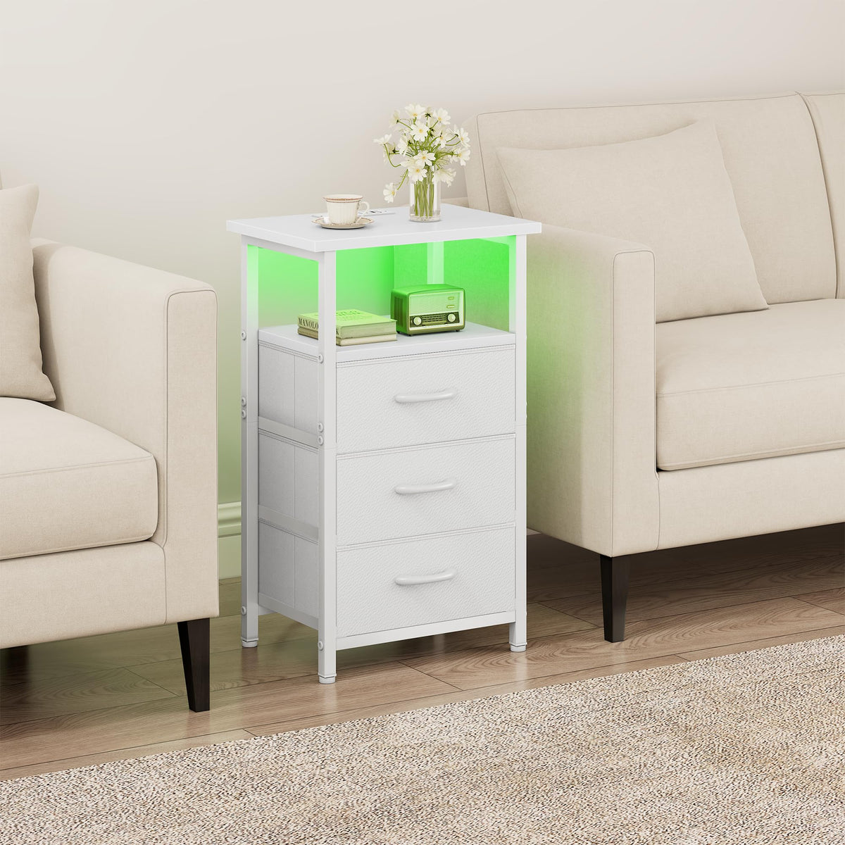White Nightstand with Charging Station and 3 Fabric Drawers K9726