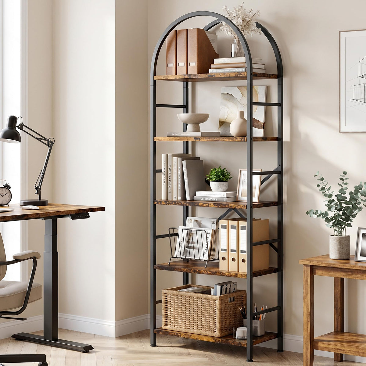 5 Tier Rustic Brown Bookshelf with Metal Frame U5667