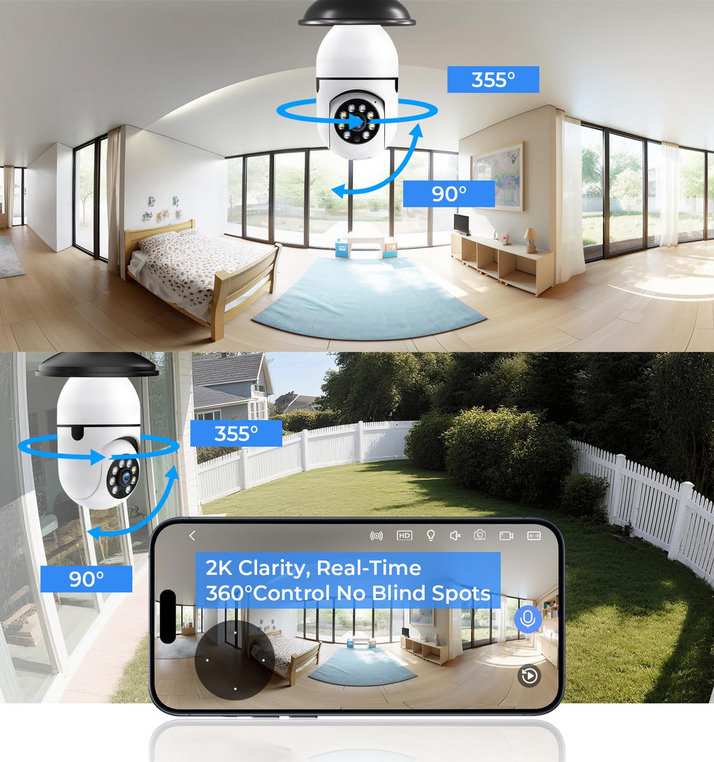 2K 5GHz & 2.4GHz WiFi Light Bulb Security Camera 360° PTZ O82705
