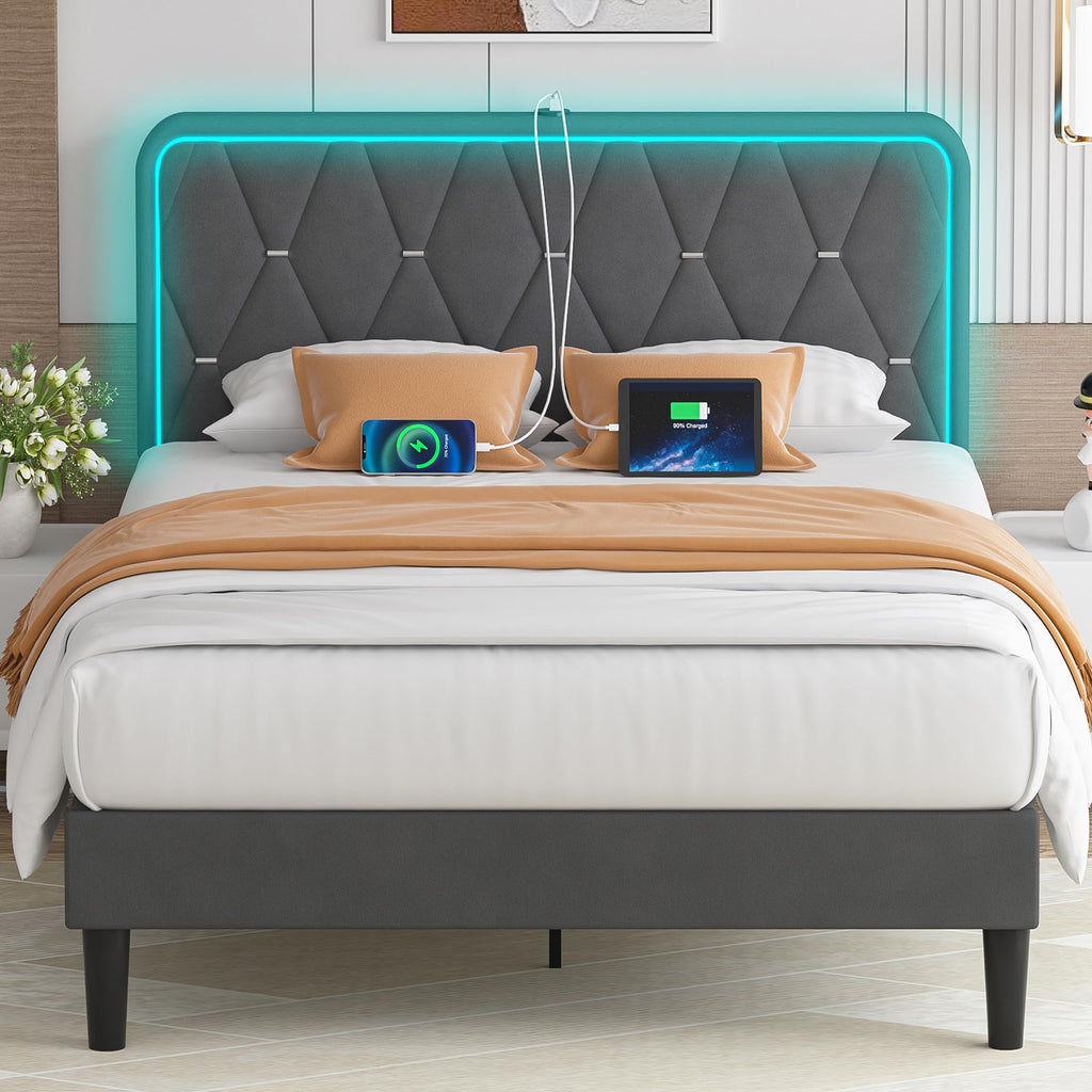 Dark Grey Velvet Upholstered Queen Bed Frame with Headboard Y655804