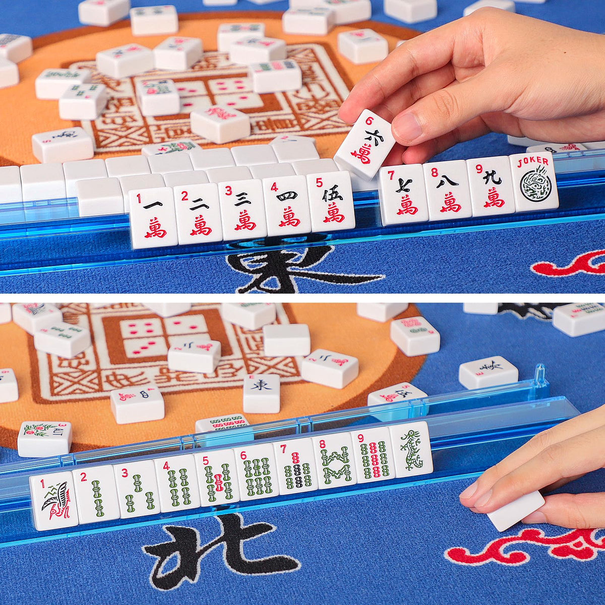 American Mahjong Game Set, 166 White Tiles, 4 Color Rack/Pushers, Blue Carrying Bag D719